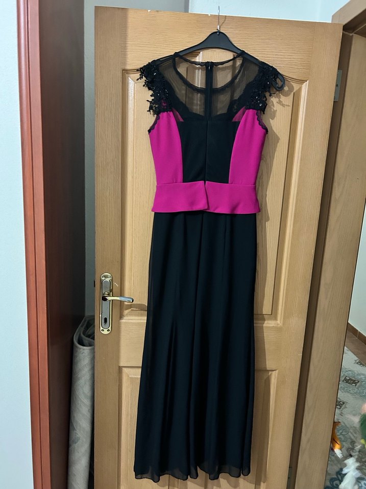 Dantel Detaylı Pembe Siyah Uzun Abiye Elbise - Görsel 2