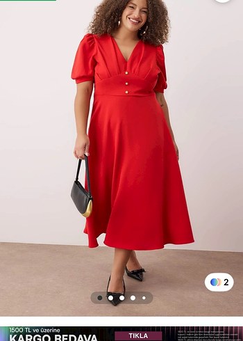 Parlak Kırmızı Midi V Yakalı Salaş Elbise - Görsel 2