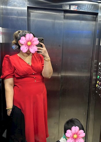 Parlak Kırmızı Midi V Yakalı Salaş Elbise - Görsel 3