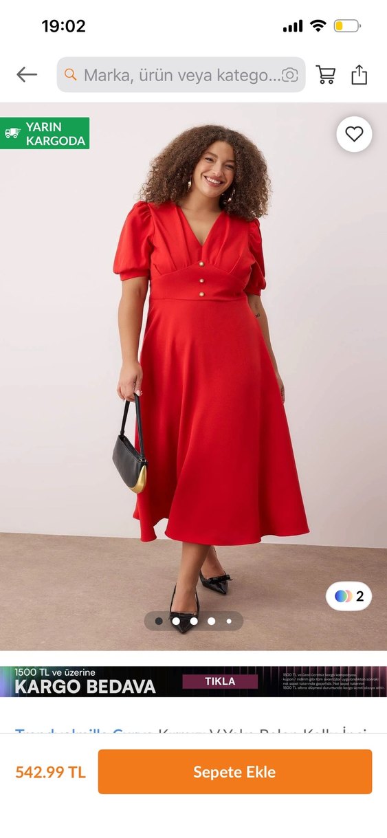 Parlak Kırmızı Midi V Yakalı Salaş Elbise - Görsel 2