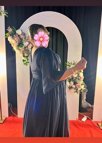 V Yaka Lacivert Kadın Abiye Elbise - Görsel 4