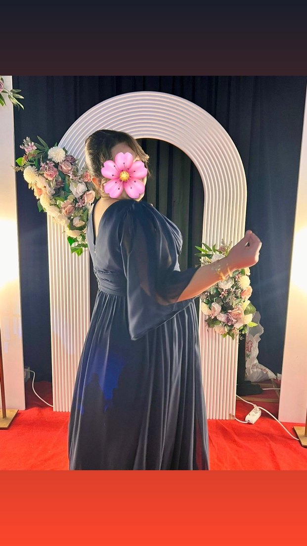 V Yaka Lacivert Kadın Abiye Elbise - Görsel 4