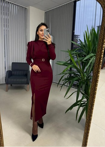 Bordo Uzun Kollu Kemerli Uzun Elbise
