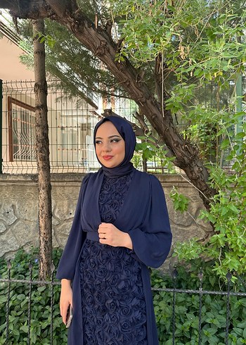 Lacivert Güllü Tül Abiye Elbise - Görsel 2