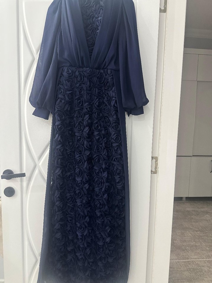 Lacivert Güllü Tül Abiye Elbise - Görsel 5