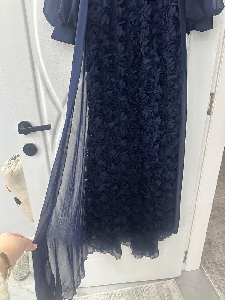 Lacivert Güllü Tül Abiye Elbise - Görsel 4