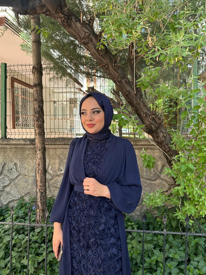 Lacivert Güllü Tül Abiye Elbise - Görsel 2