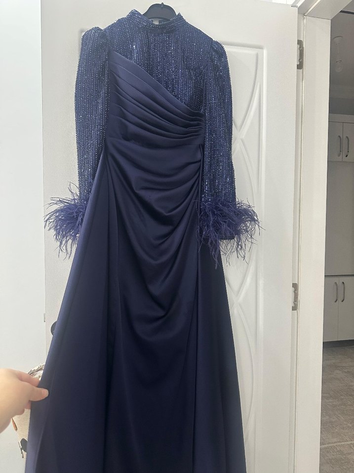 lacivert Saten Taşlı Abiye - Görsel 5