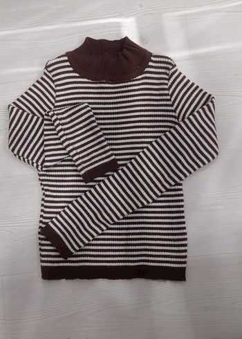Kahverengi Çizgili Boğazlı Triko Bluz - Görsel 2
