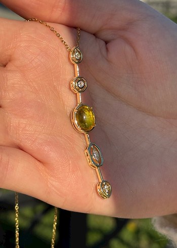 Çelik  Zincir Detaylı Sarı Taşlı Y Kolye - Görsel 4