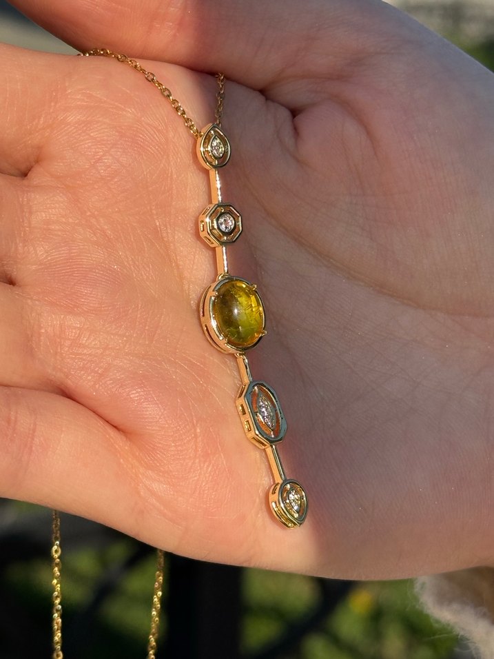 Çelik  Zincir Detaylı Sarı Taşlı Y Kolye - Görsel 4