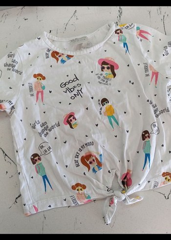 Kız Çocuk Beyaz Desenli Kısa Kollu Tişört - Görsel 3