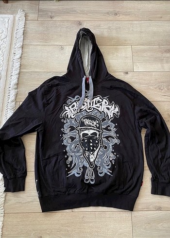 Kapüşonlu Siyah Baskılı Erkek Sweatshirt