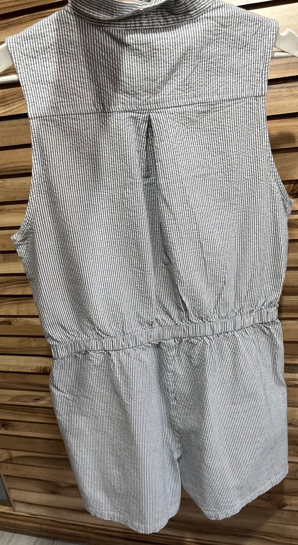 Gri Çizgili Kolsuz Keten Tulum - Görsel 5