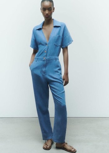 Kadın Denim Tulum V Yakalı Düğmeli - Görsel 3