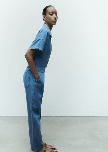 Kadın Denim Tulum V Yakalı Düğmeli - Görsel 4