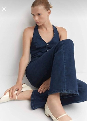 MangoDüğmeli V Yaka Kadın Denim Tulum S-M uyumlu - Görsel 3
