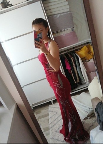 s Beden bordo Renk Bordo Drapeli Straplez Uzun Abiye Elbise