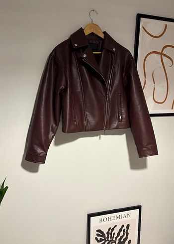s Beden bordo Renk Bordo Kadın Deri Biker Ceket