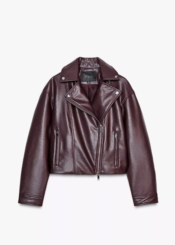 Bordo Kadın Deri Biker Ceket