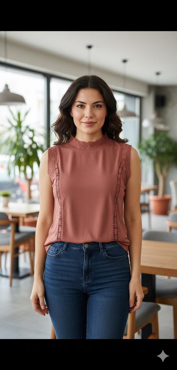 Dantel Detaylı Bej Kolsuz Bluz - Görsel 3