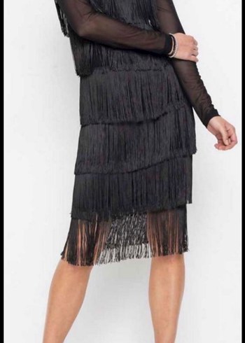 Püsküllü Siyah Uzun Abiye Elbise - Görsel 3