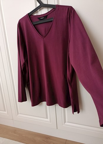 Bordo V Yaka Uzun Kollu penye Kadın tişört - Görsel 3