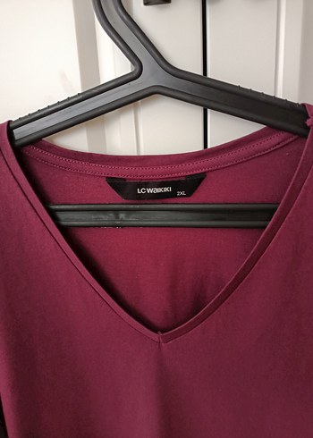 Bordo V Yaka Uzun Kollu penye Kadın tişört - Görsel 4