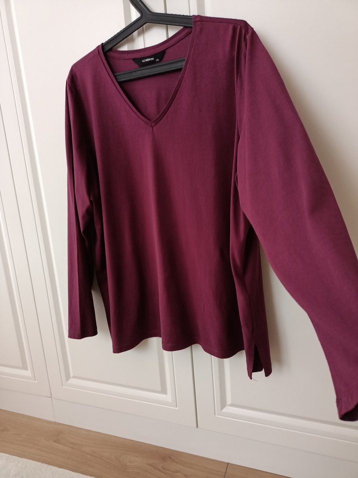 Bordo V Yaka Uzun Kollu penye Kadın tişört - Görsel 3