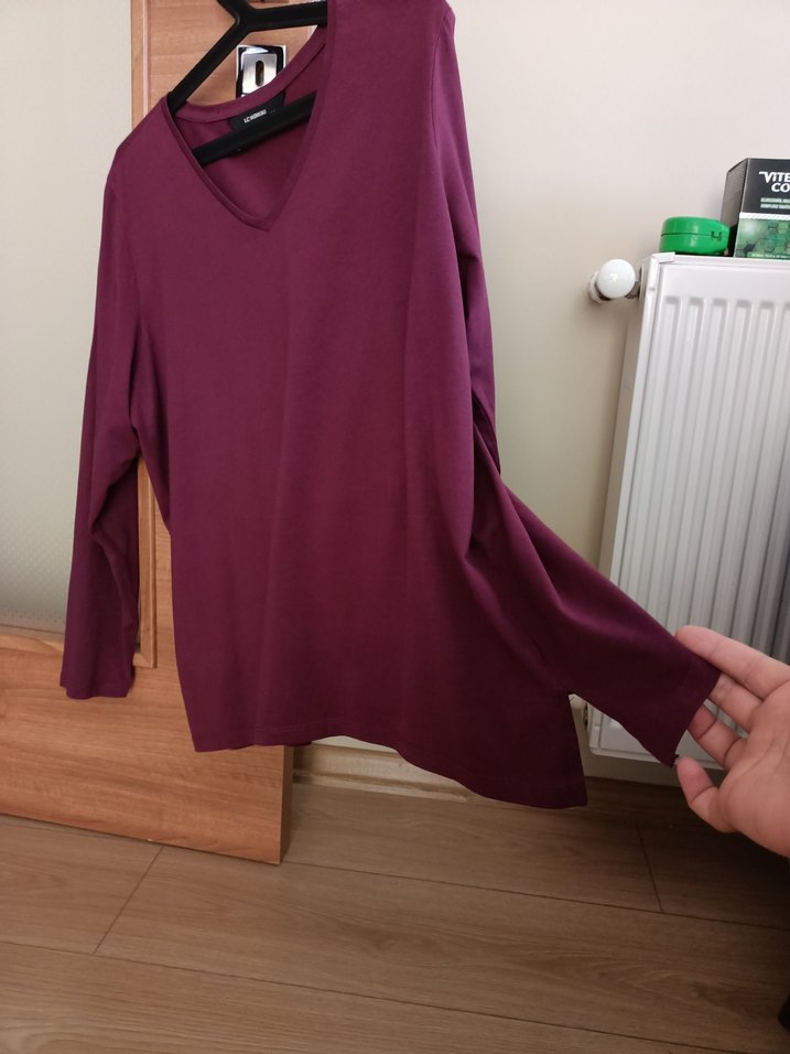 Bordo V Yaka Uzun Kollu penye Kadın tişört - Görsel 5