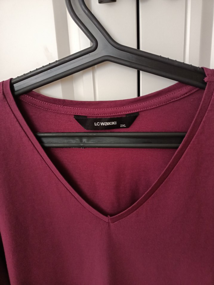 Bordo V Yaka Uzun Kollu penye Kadın tişört - Görsel 4