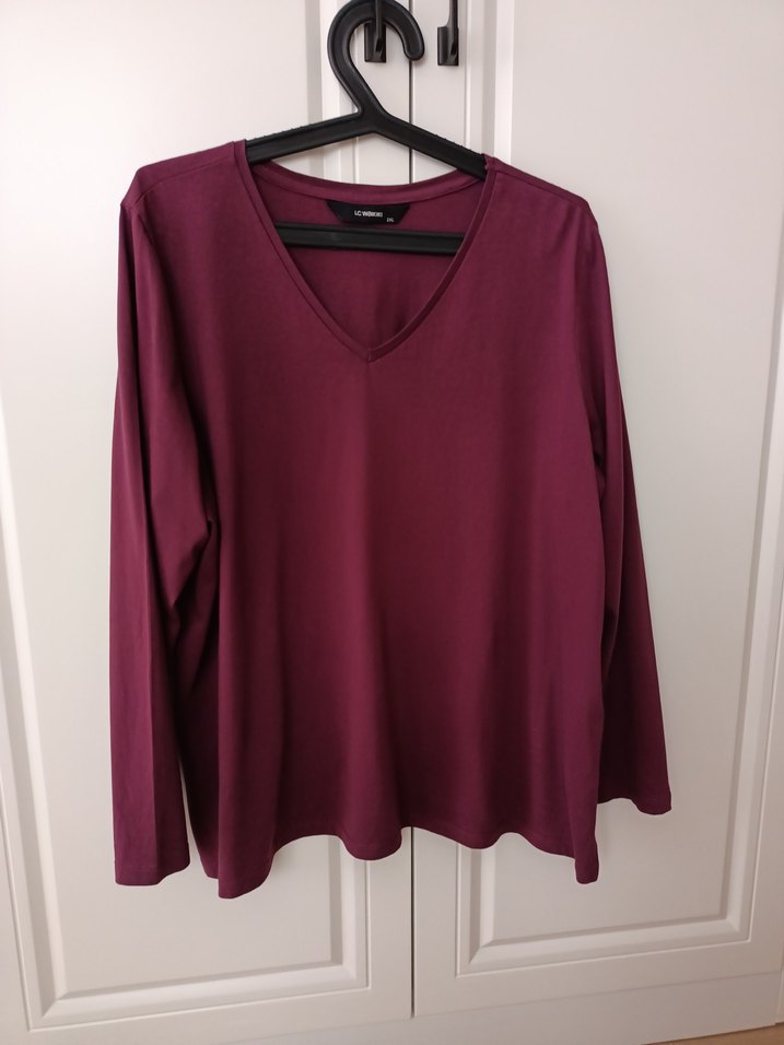 Bordo V Yaka Uzun Kollu penye Kadın tişört - Görsel 2