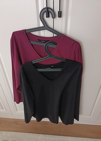 Bordo  ve siyah  Uzun Kollu v yaka 2 adet penye tişört - Görsel 2