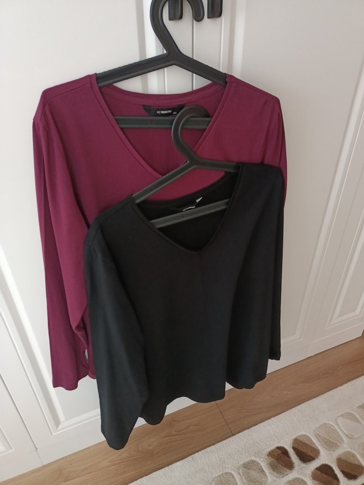 Bordo  ve siyah  Uzun Kollu v yaka 2 adet penye tişört - Görsel 3