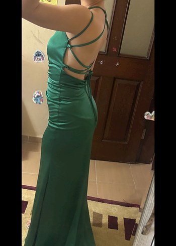 Parlak Yeşil Drapeli Uzun Abiye Elbise - Görsel 2