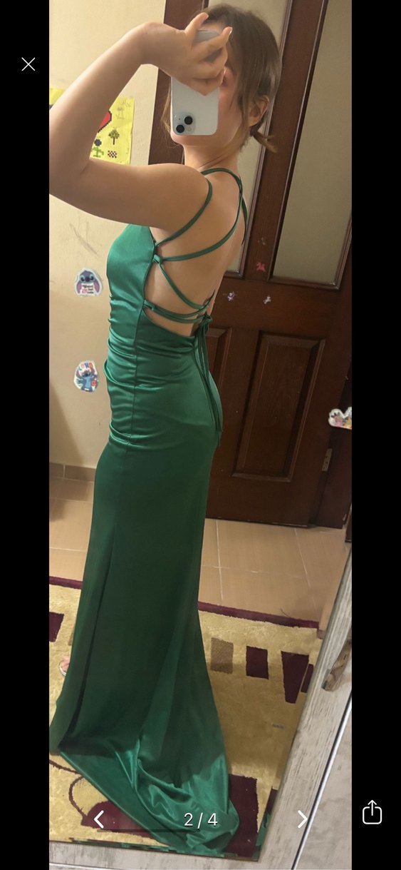 Parlak Yeşil Drapeli Uzun Abiye Elbise - Görsel 2