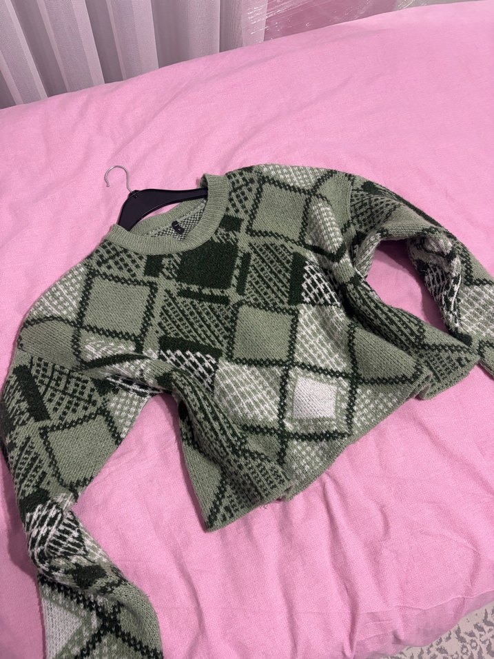 Yeşil Ekose Desenli Salaş Triko Kazak - Görsel 2