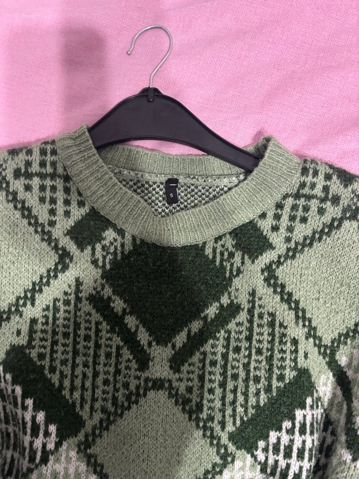 Yeşil Ekose Desenli Salaş Triko Kazak - Görsel 3