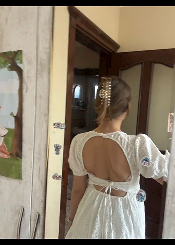 Beyaz Dantel Detaylı Keten Yazlık Elbise(XS) - Görsel 2