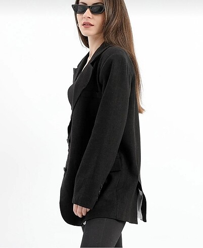 s Beden siyah Renk Keten Yırtmaçlı Blazer Ceket