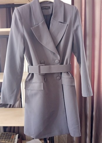 Düğmeli Gri Midi Kadın Klasik  elbise - Görsel 5