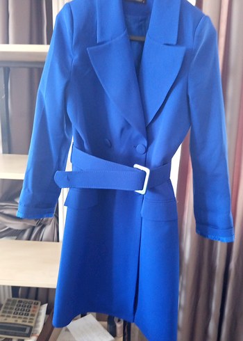 Düğmeli parlement Mavi Midi Kadın Klasik Ceket elbise - Görsel 4