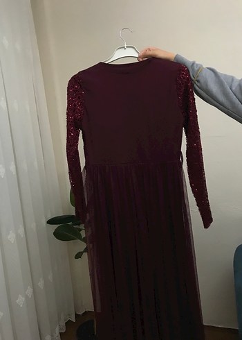 Diğer Bordo Uzun Kollu Drapeli Kadın Abiye Elbise
