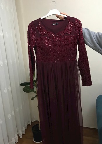 Bordo Uzun Kollu Drapeli Kadın Abiye Elbise