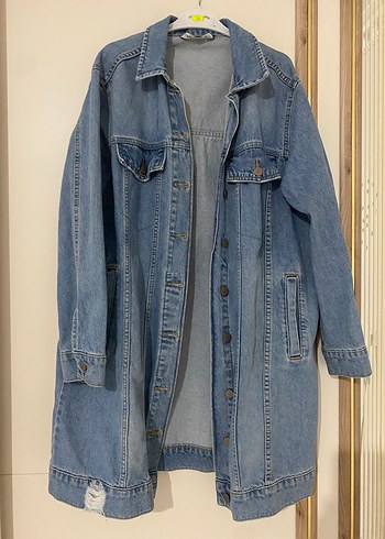 Gri Mavi Uzun Kadın Denim Ceket