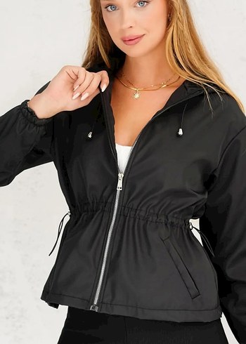 Siyah Kadın Bomber Ceket, Rahat Kesim, Yüksek Yaka - Görsel 2