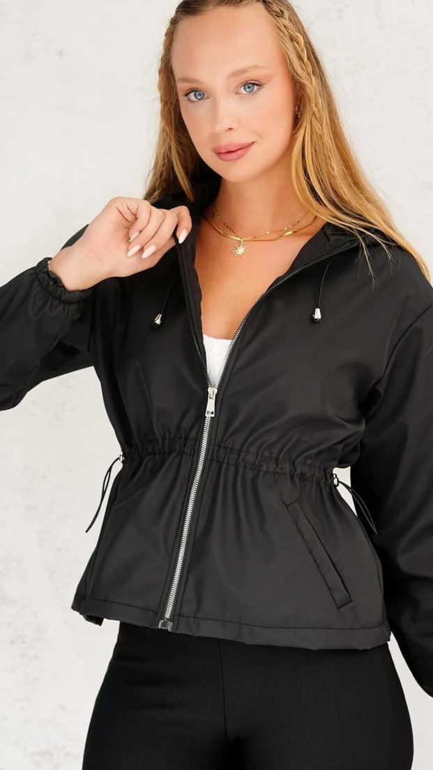 Siyah Kadın Bomber Ceket, Rahat Kesim, Yüksek Yaka - Görsel 2