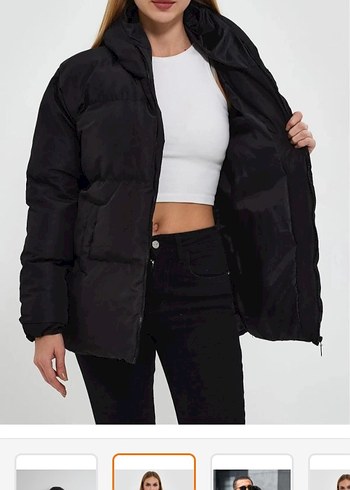 Siyah Kadın Şişme Mont, Yüksek Yaka, Günlük - Görsel 3