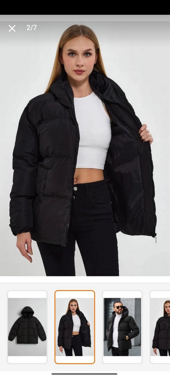 Siyah Kadın Şişme Mont, Yüksek Yaka, Günlük - Görsel 3