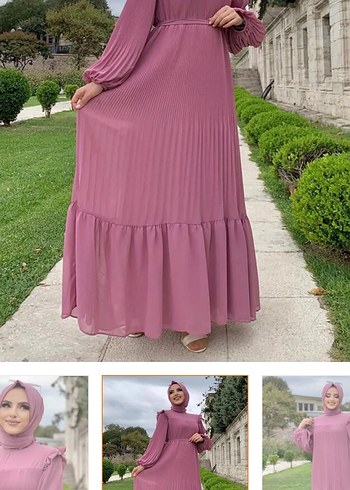 38 Beden pembe Renk Pudra Renk Pilili Uzun Kadın Elbise